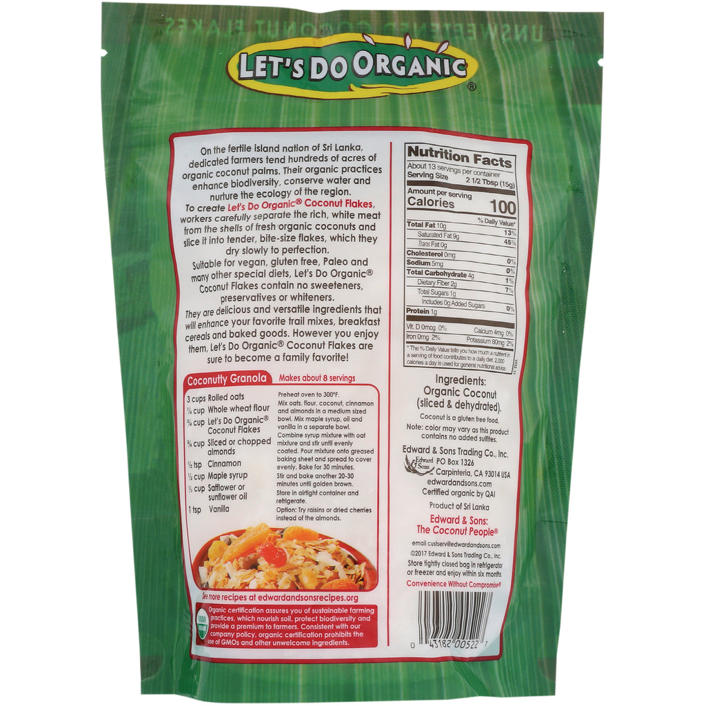 LDO001 | Back of Let's Do Organic coconut flakes package showing nutrition facts, ingredients, and coconut granola recipe - Thumbnail