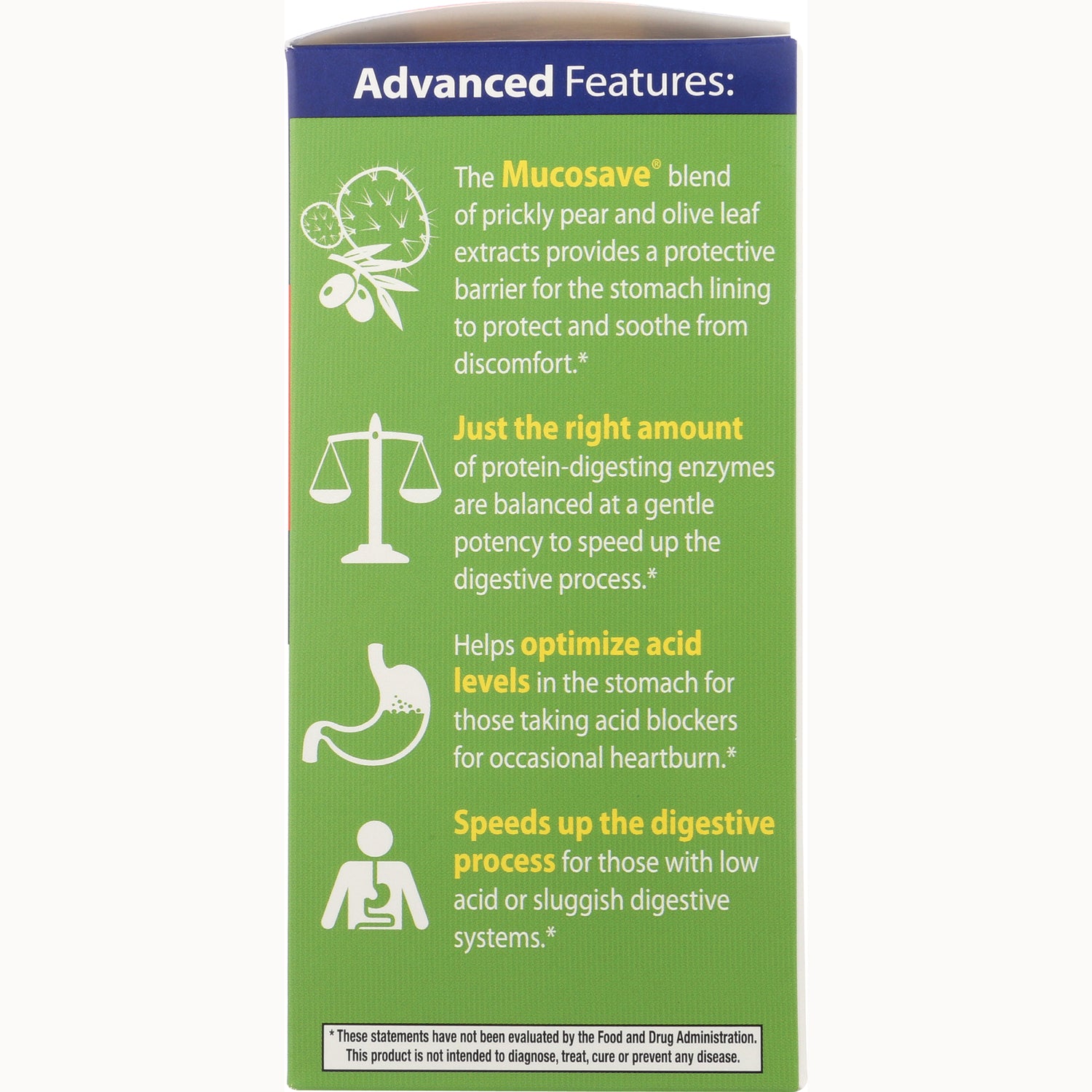 EMD070 | product side panel titled Advanced Features describing Mucosave blend, enzyme balance, acid optimization and digestion support