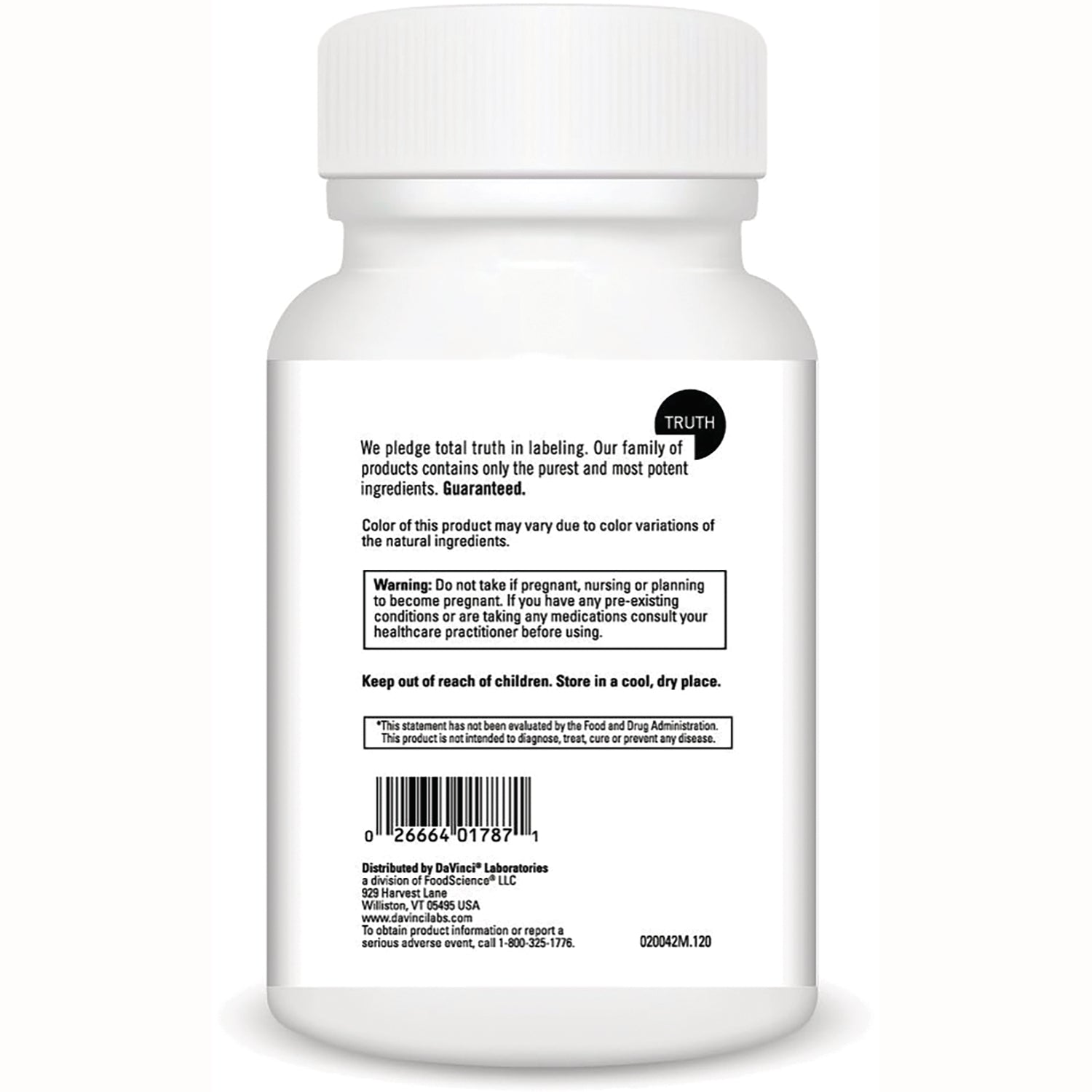 DVL166 | back label of white supplement bottle showing warning text, barcode, and storage instructions