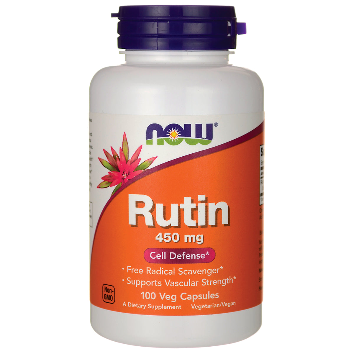 NWF631 | NOW Rutin 450 mg supplement bottle with orange label, 100 veg capsules
