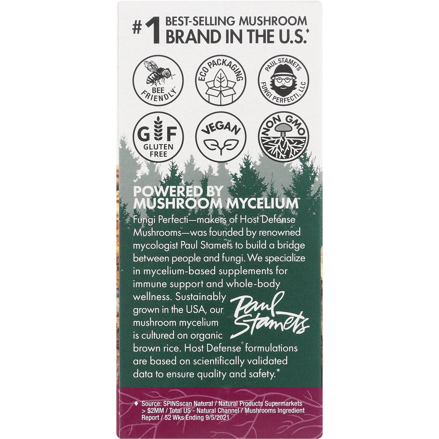 FUN007 | Back panel with certification icons and text Powered by Mushroom Mycelium and product description by Paul Stamets