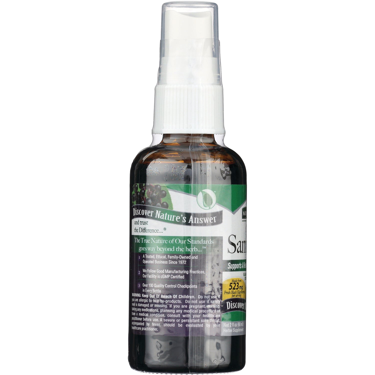 NAT128 | back of amber spray bottle showing Discover Nature's Answer label and supplement facts