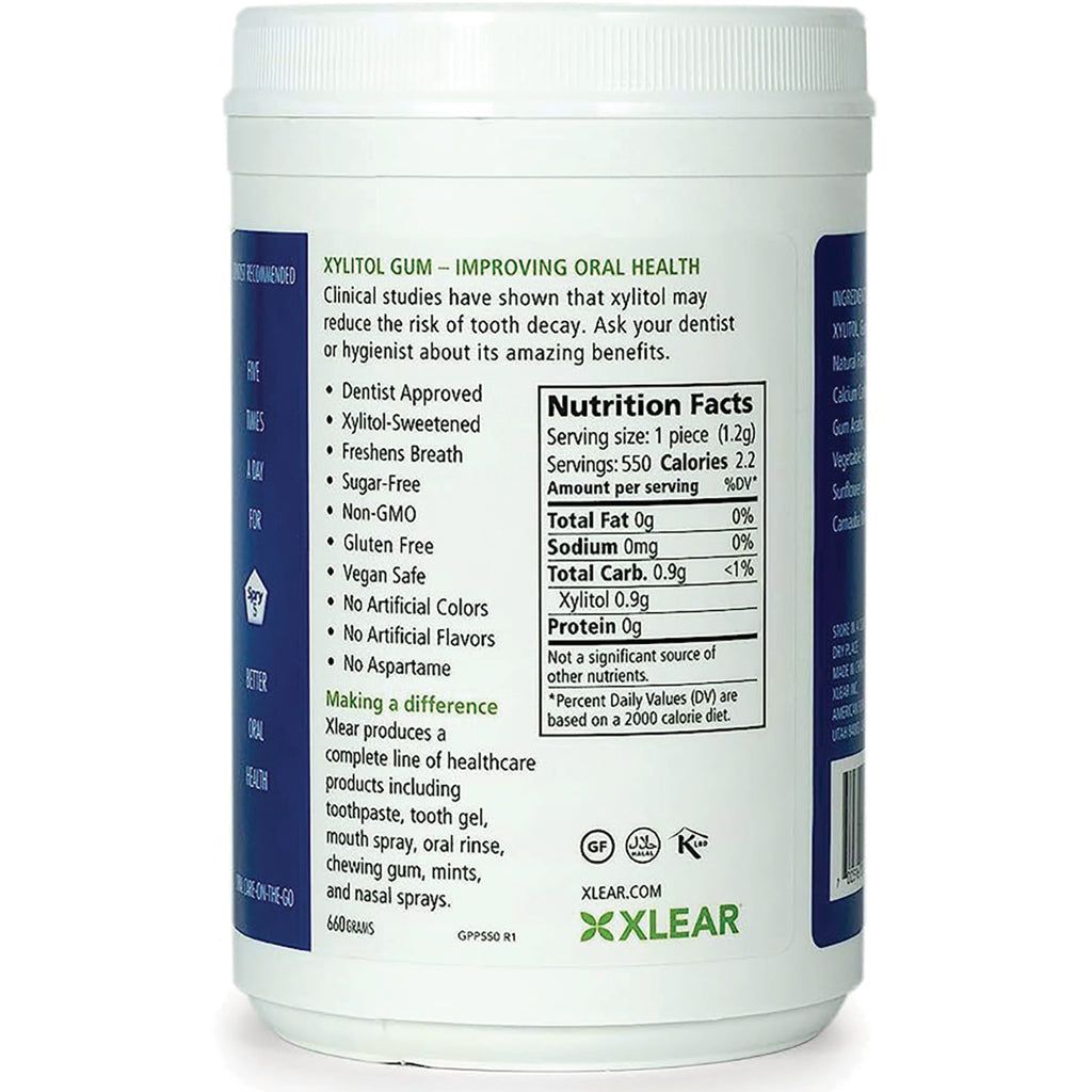 XL038 | Back of XLEAR Xylitol Gum canister with Nutrition Facts and benefits list: sugar-free, non-GMO, vegan safe - Thumbnail