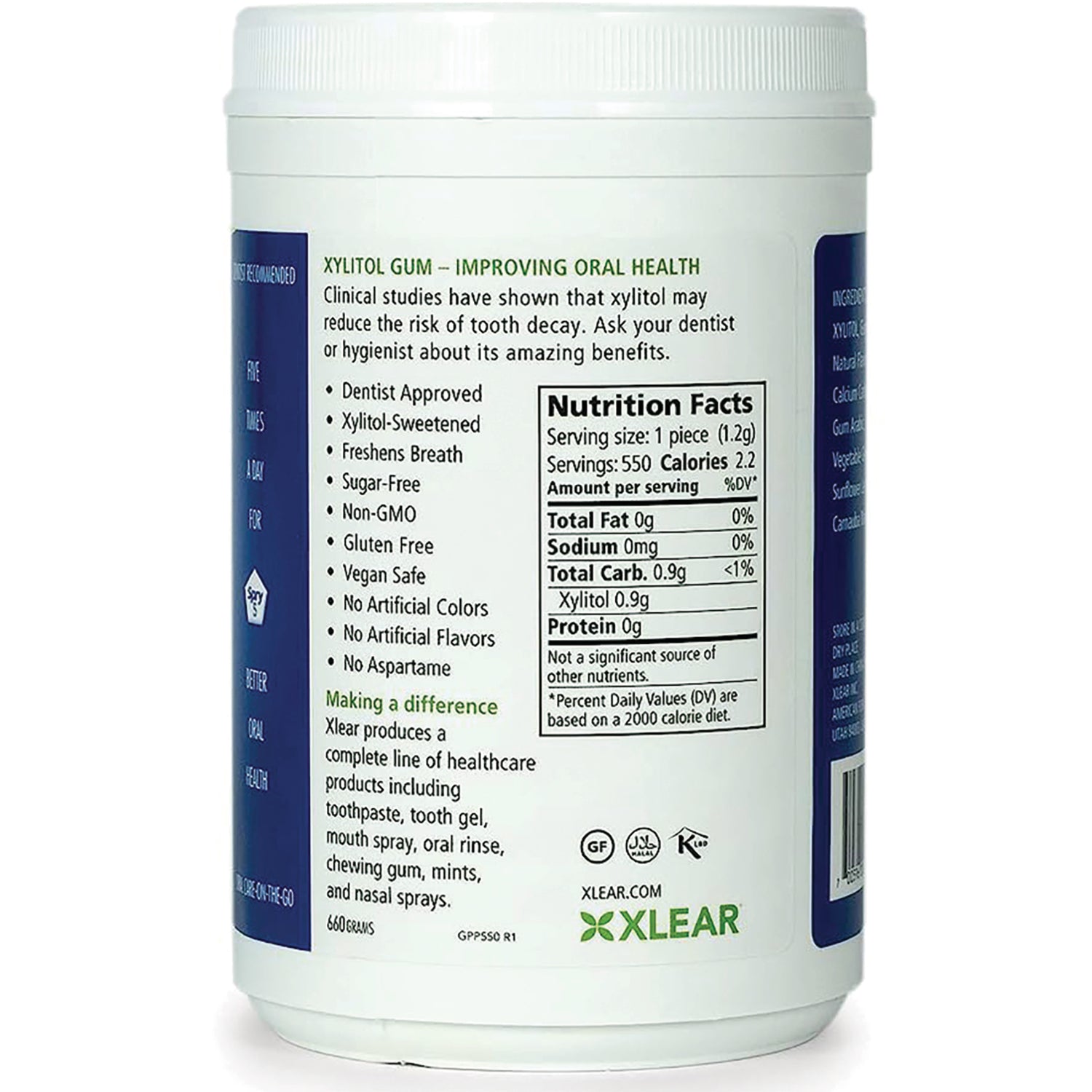 XL038 | Back of XLEAR Xylitol Gum canister with Nutrition Facts and benefits list: sugar-free, non-GMO, vegan safe