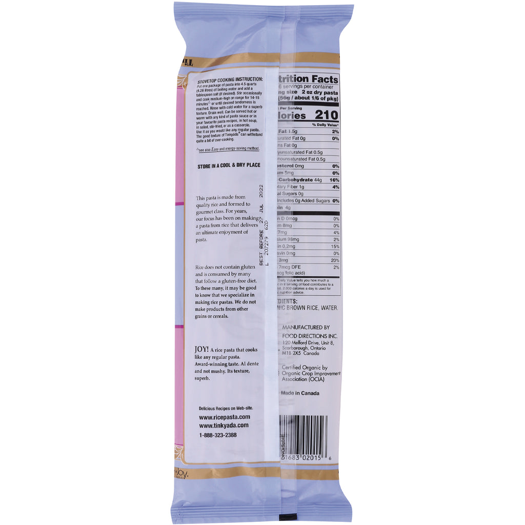 TKY014 | Back of brown rice pasta package with Nutrition Facts, ingredients (brown rice, water), barcode, and cooking info - Thumbnail