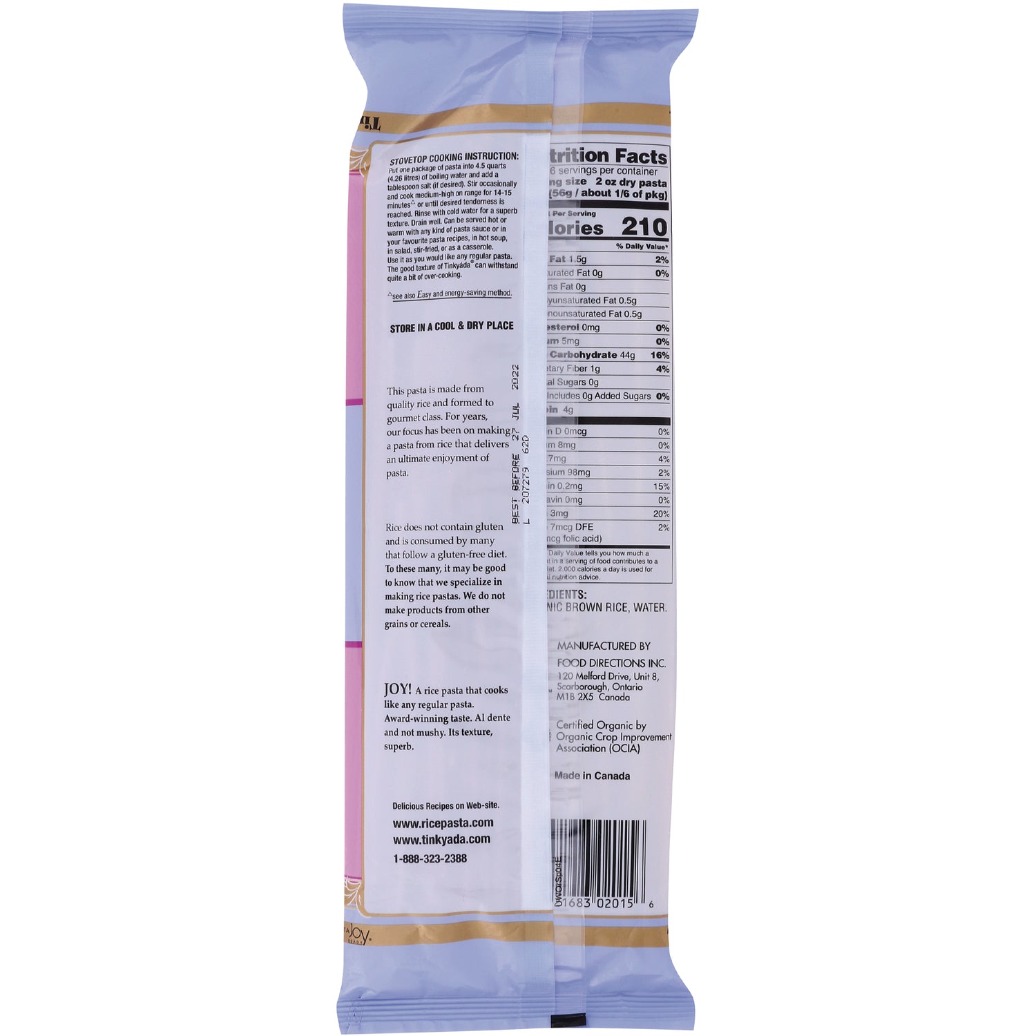 TKY014 | Back of brown rice pasta package with Nutrition Facts, ingredients (brown rice, water), barcode, and cooking info