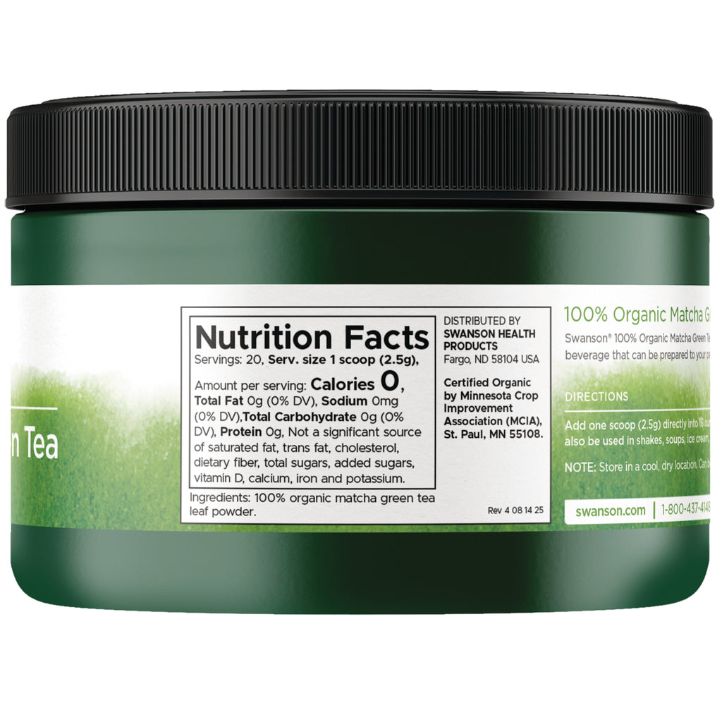 SWF098 | Back label with Nutrition Facts, ingredients, and directions for 100% Organic Matcha Green Tea || SWF098 | Nutrition Facts panel with ingredients and directions, 1 scoop (2.5g), USDA Organic - Thumbnail