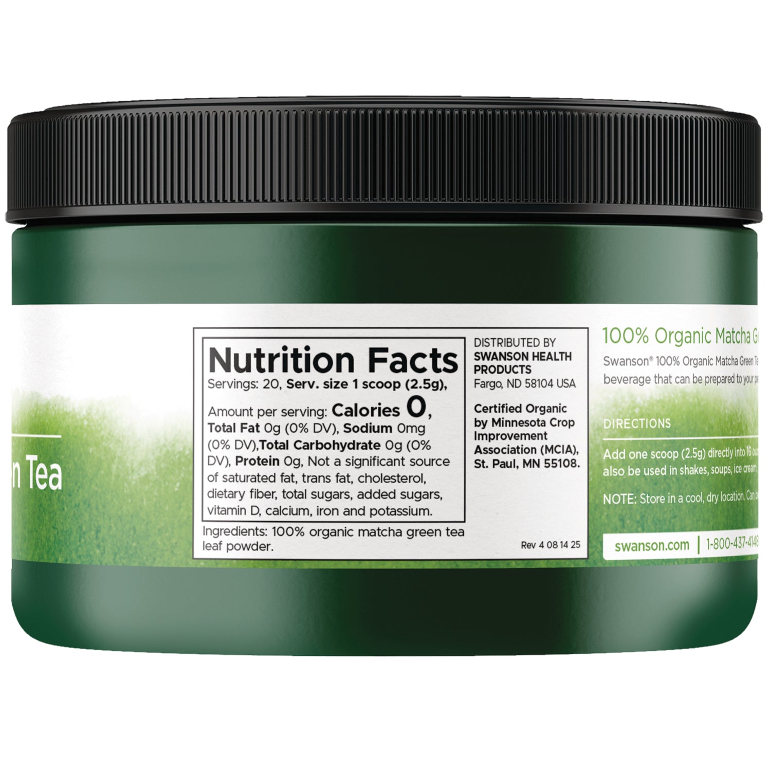 SWF098 | Back label with Nutrition Facts, ingredients, and directions for 100% Organic Matcha Green Tea || SWF098 | Nutrition Facts panel with ingredients and directions, 1 scoop (2.5g), USDA Organic