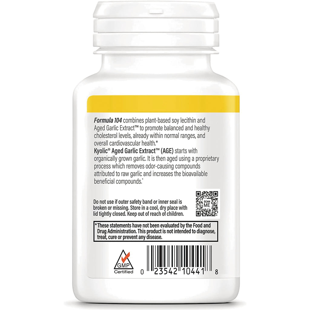 KY102 | Back label of white supplement bottle showing Formula 104 description, warnings, barcode and GMP certified logo - Thumbnail