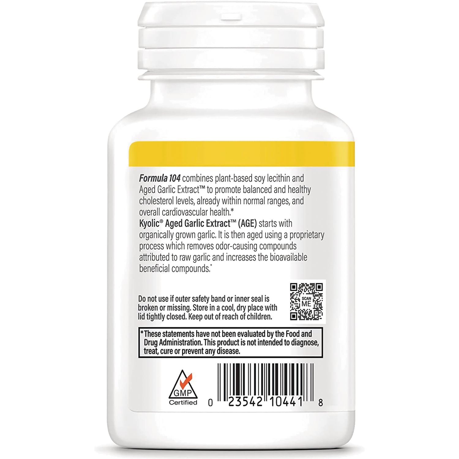 KY102 | Back label of white supplement bottle showing Formula 104 description, warnings, barcode and GMP certified logo