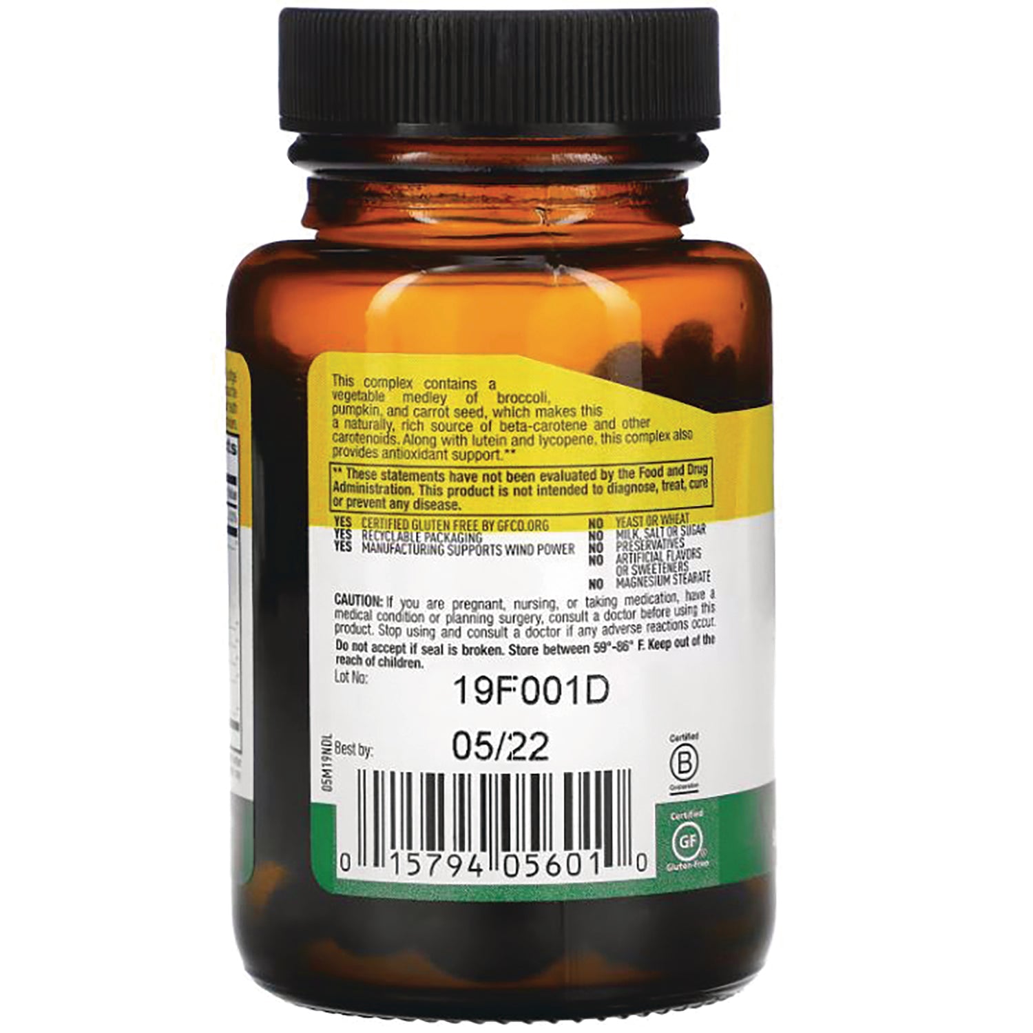 CRL023 | back of amber supplement bottle showing ingredient label, barcode, lot number and best by date