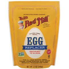 BOB247 | Bob's Red Mill yellow front pouch labeled EGG REPLACER, vegan gluten free, equivalent to 34 eggs