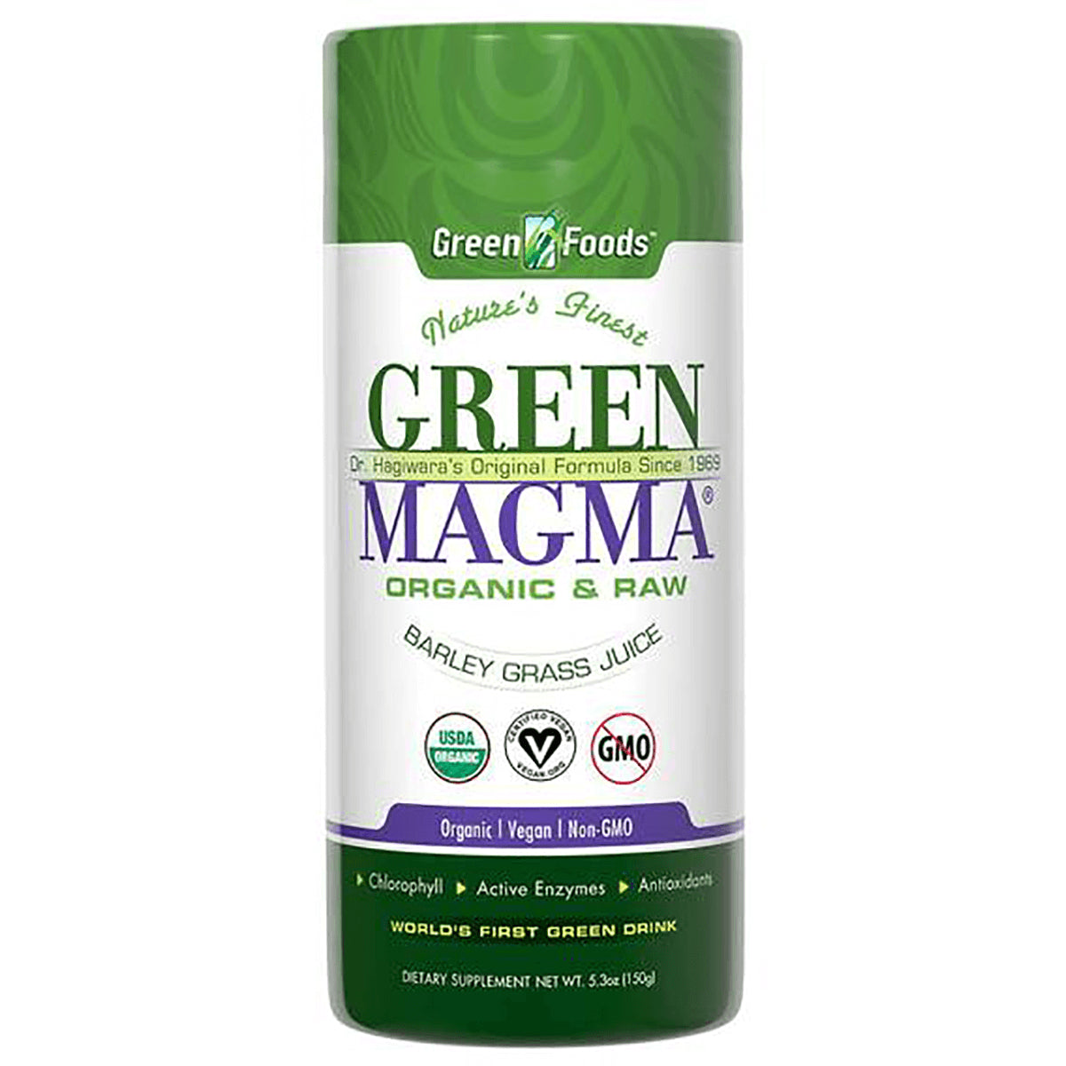 GM009 | Green Foods GREEN MAGMA organic & raw barley grass juice container with USDA organic and Non-GMO labels