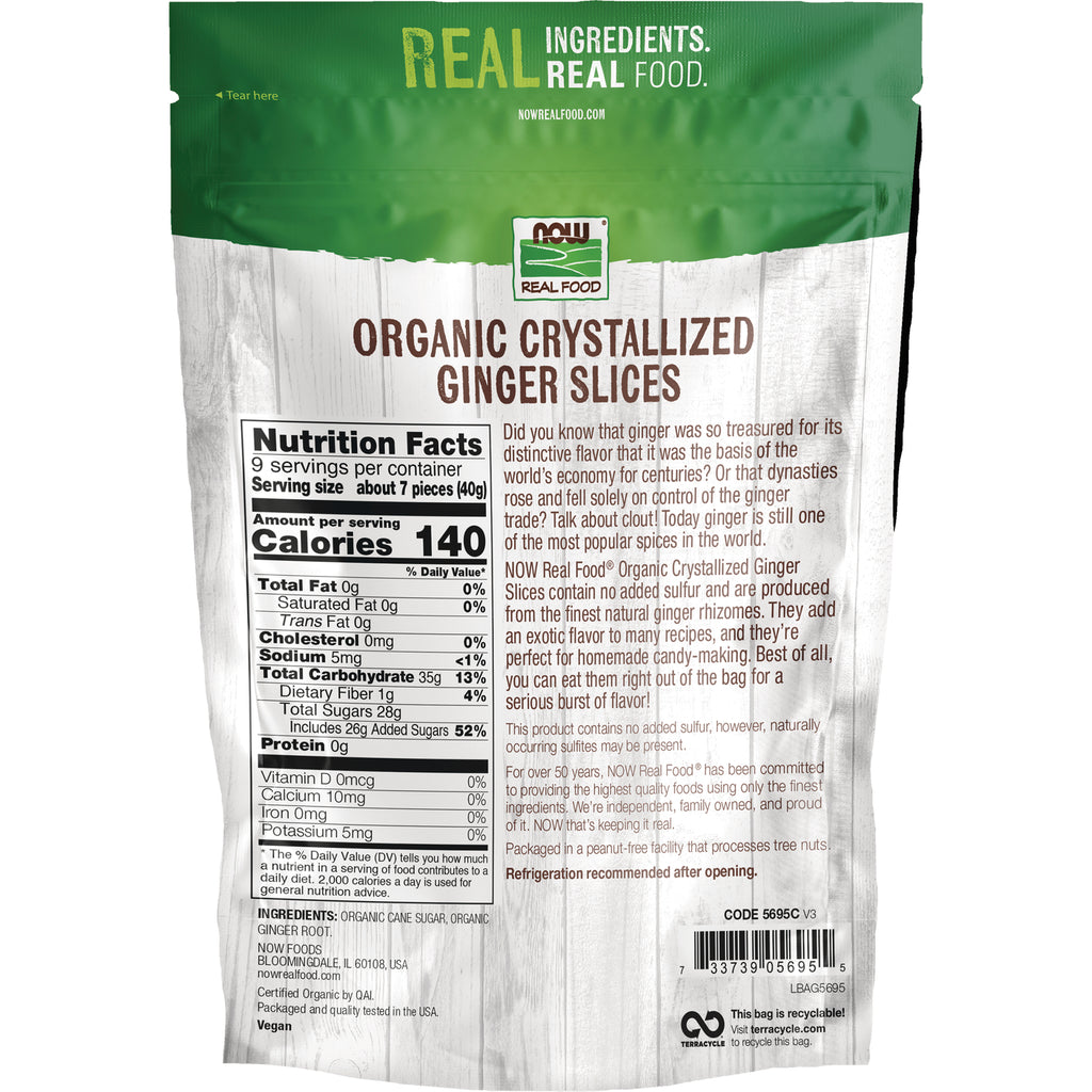 NWF1130 | Back of NOW Real Food Organic Crystallized Ginger Slices pouch showing Nutrition Facts, ingredients, and barcode - Thumbnail