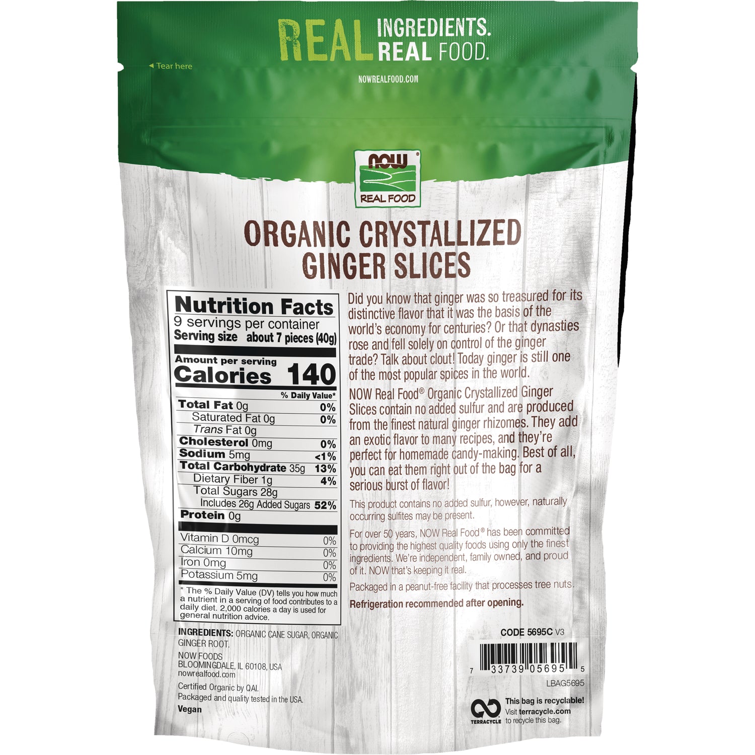 NWF1130 | Back of NOW Real Food Organic Crystallized Ginger Slices pouch showing Nutrition Facts, ingredients, and barcode