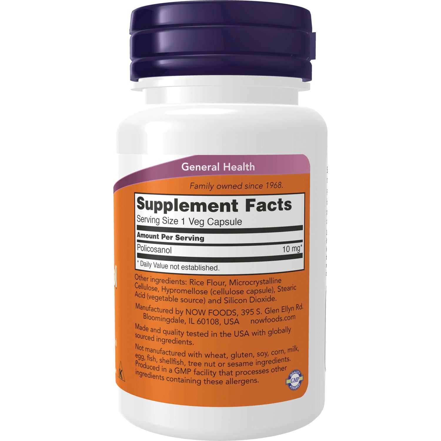 NWF342 | Back label showing Supplement Facts with Policosanol 10 mg and ingredient and manufacturer information