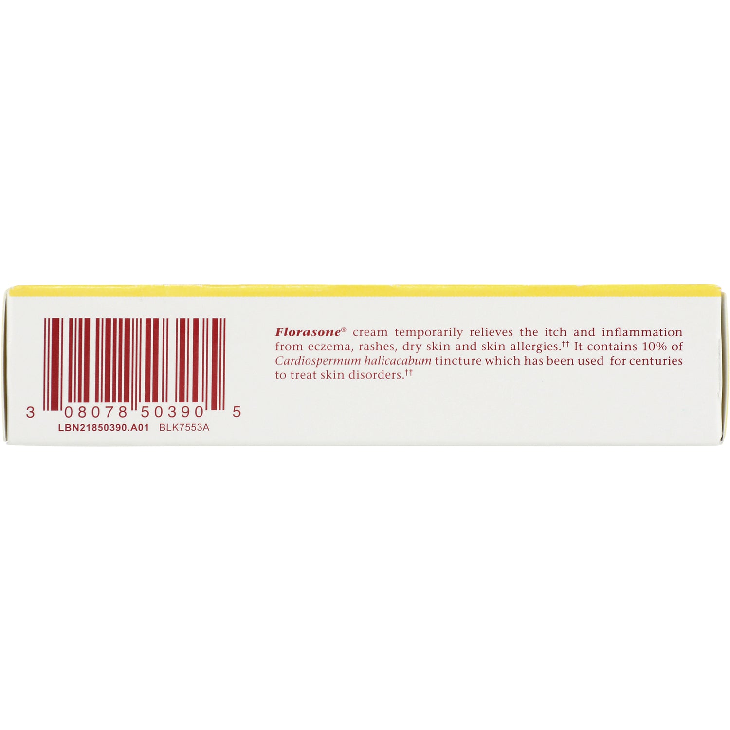 BRK004 | back of product box with barcode and printed text describing Florasone cream and its uses