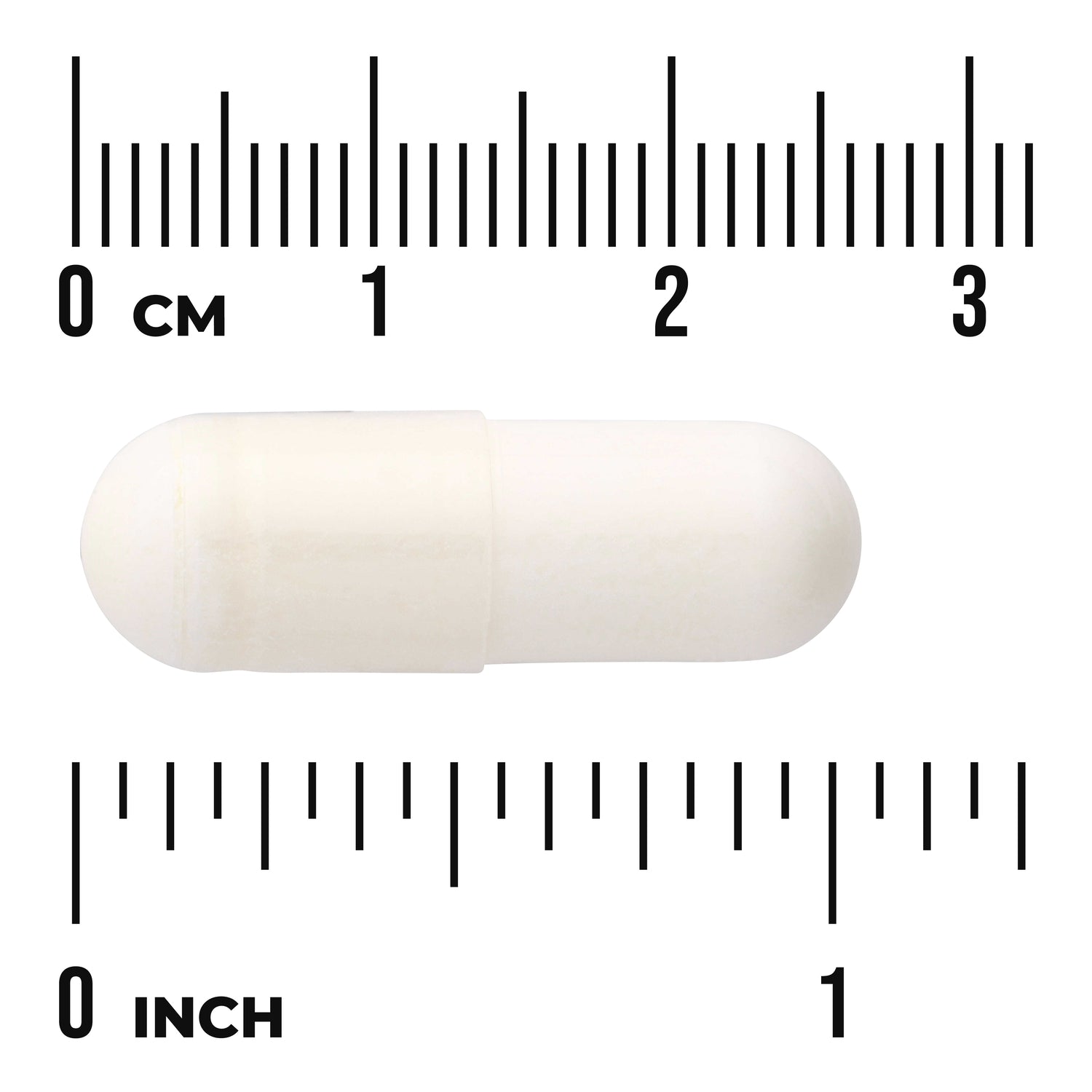 SWU823 | White capsule next to cm and inch rulers showing size