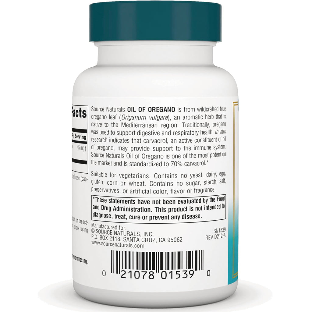 SN370 | Source Naturals Oil of Oregano supplement bottle back label with ingredients, warnings, and barcode - Thumbnail