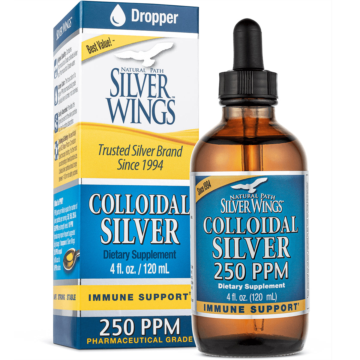 NPS004 | Silver Wings Colloidal Silver 250 PPM dietary supplement bottle and box 4 fl oz