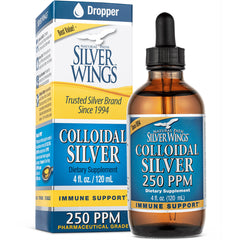 NPS004 | Silver Wings Colloidal Silver 250 PPM dietary supplement bottle and box 4 fl oz