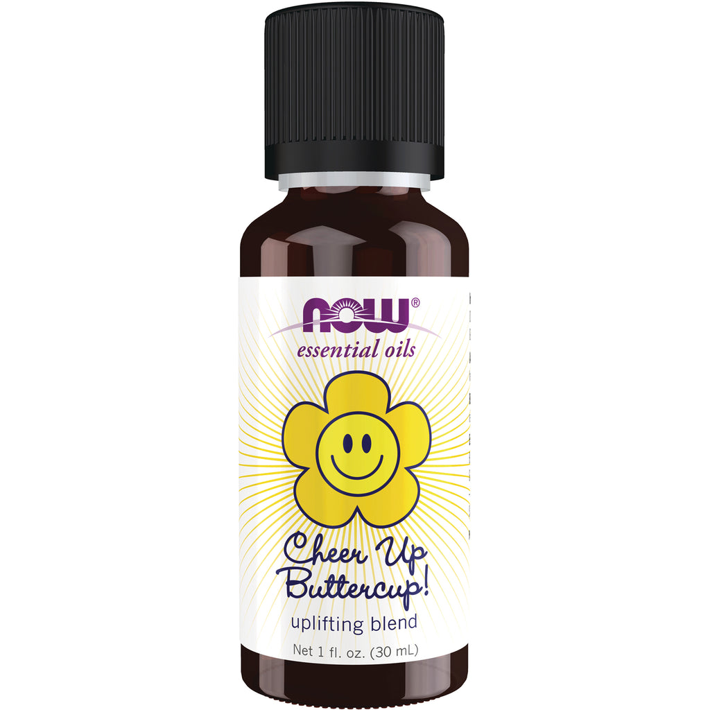 NWF1225 | Brown 1 fl oz bottle of NOW essential oils labeled Cheer Up Buttercup! uplifting blend with yellow smiley flower - Thumbnail