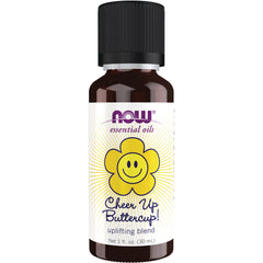 NWF1225 | Brown 1 fl oz bottle of NOW essential oils labeled Cheer Up Buttercup! uplifting blend with yellow smiley flower