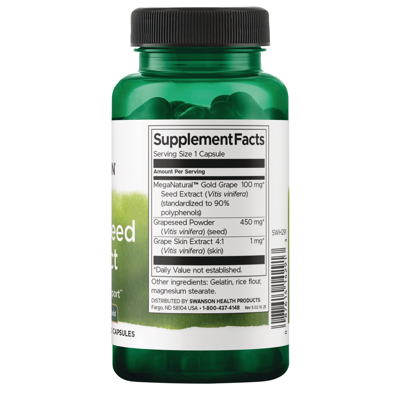 SWH291 | Supplement Facts panel for Gold Grape Seed Extract capsules, serving size 1 capsule