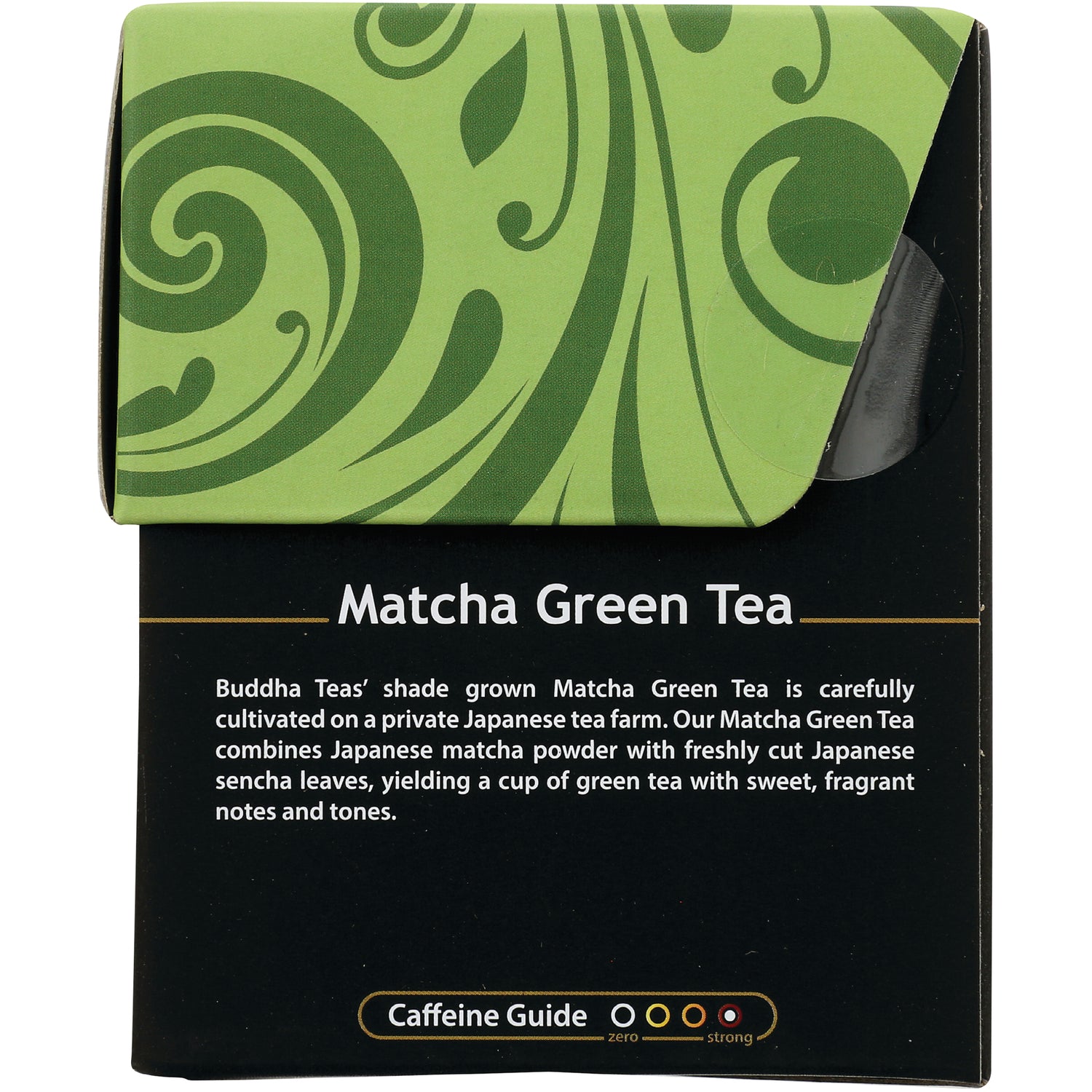 BUD006 | Back of Matcha Green Tea box showing product description and caffeine guide