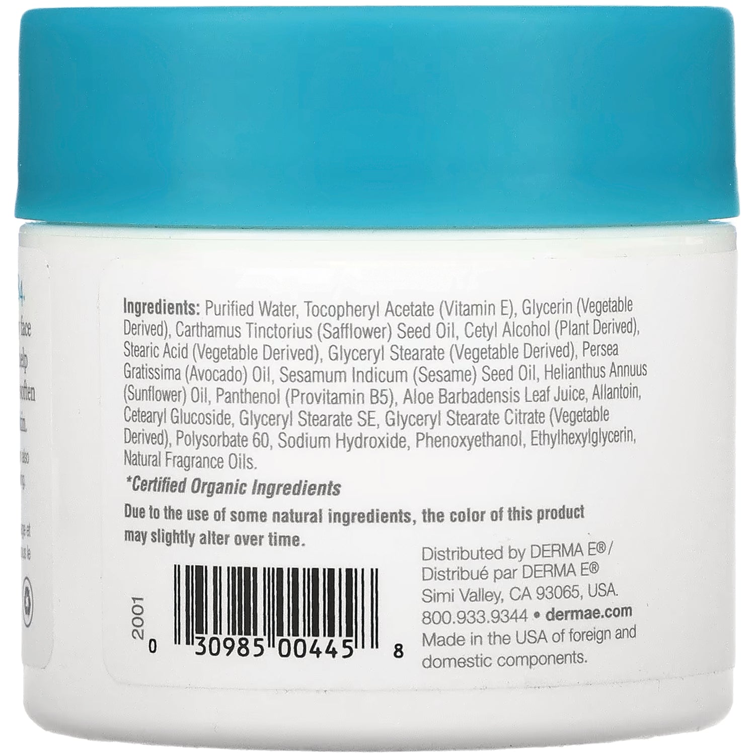 DE006 | Back of white jar with teal lid showing ingredients list, barcode, and distributor information