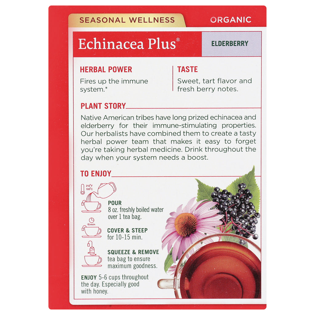 TMD016 | Back panel of Echinacea Plus Elderberry tea box with Herbal Power, Plant Story, and brewing directions - Thumbnail