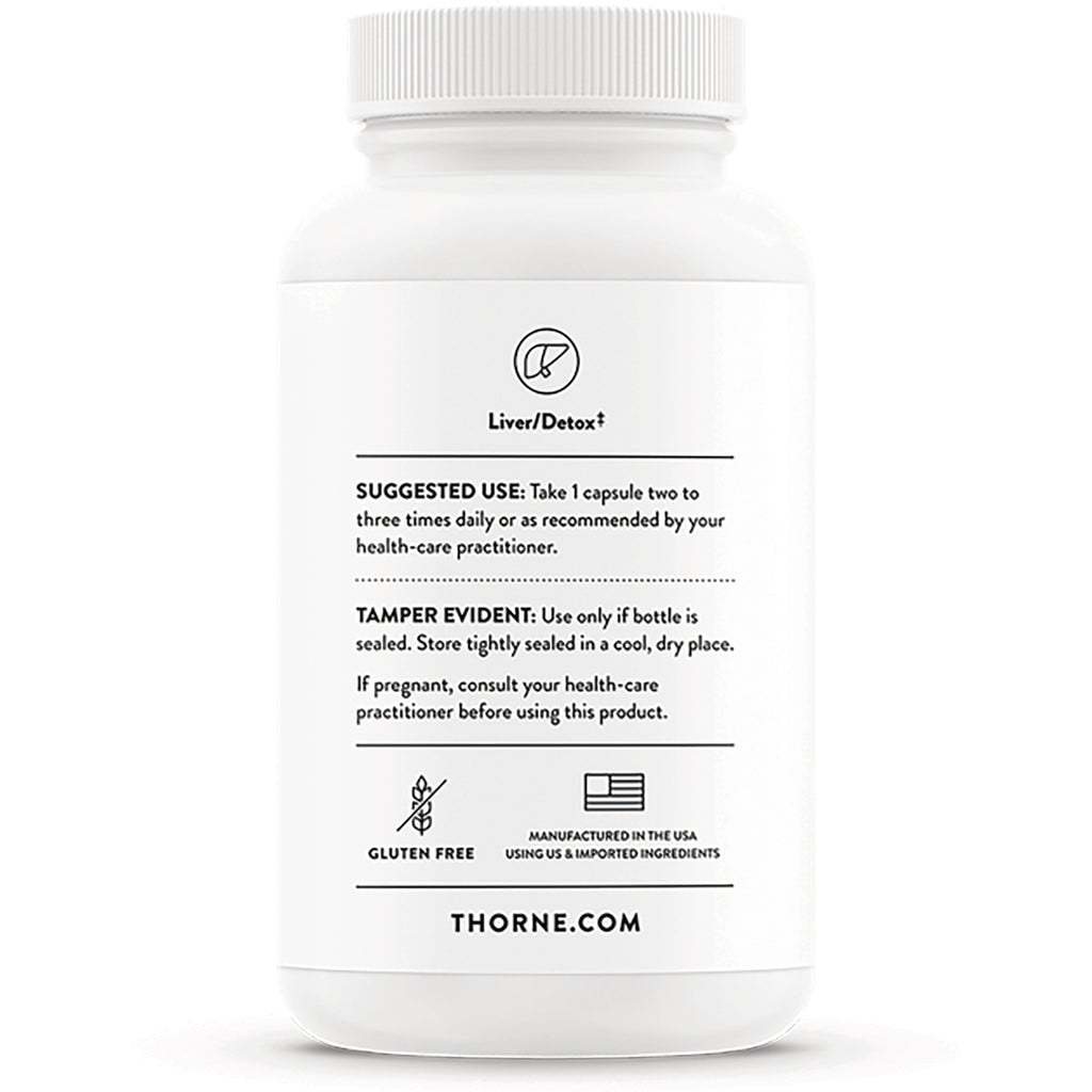 TRN016 | Back of Thorne bottle with Liver/Detox, Suggested Use, Tamper Evident, Gluten Free icons, THORNE.COM - Thumbnail