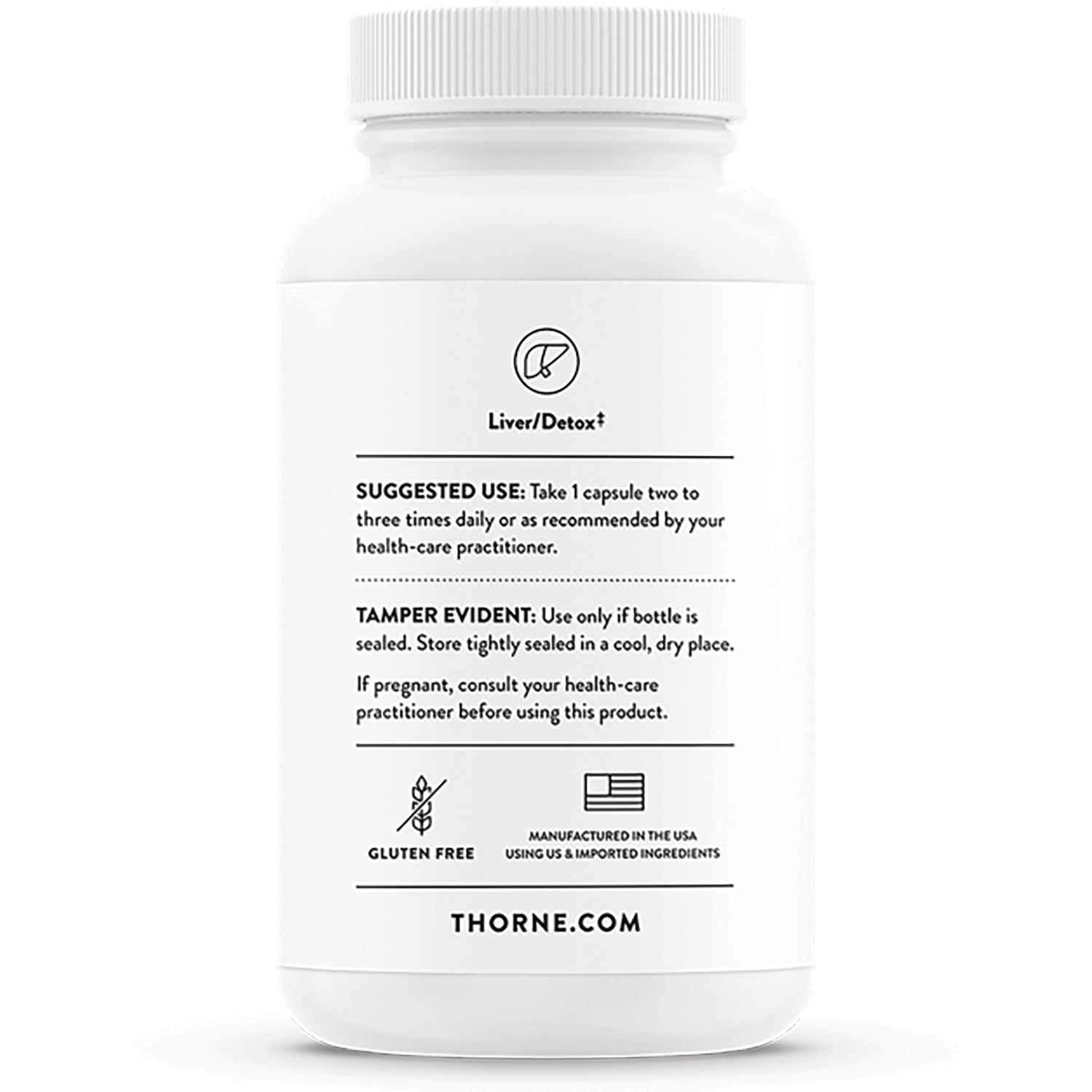 TRN016 | Back of Thorne bottle with Liver/Detox, Suggested Use, Tamper Evident, Gluten Free icons, THORNE.COM