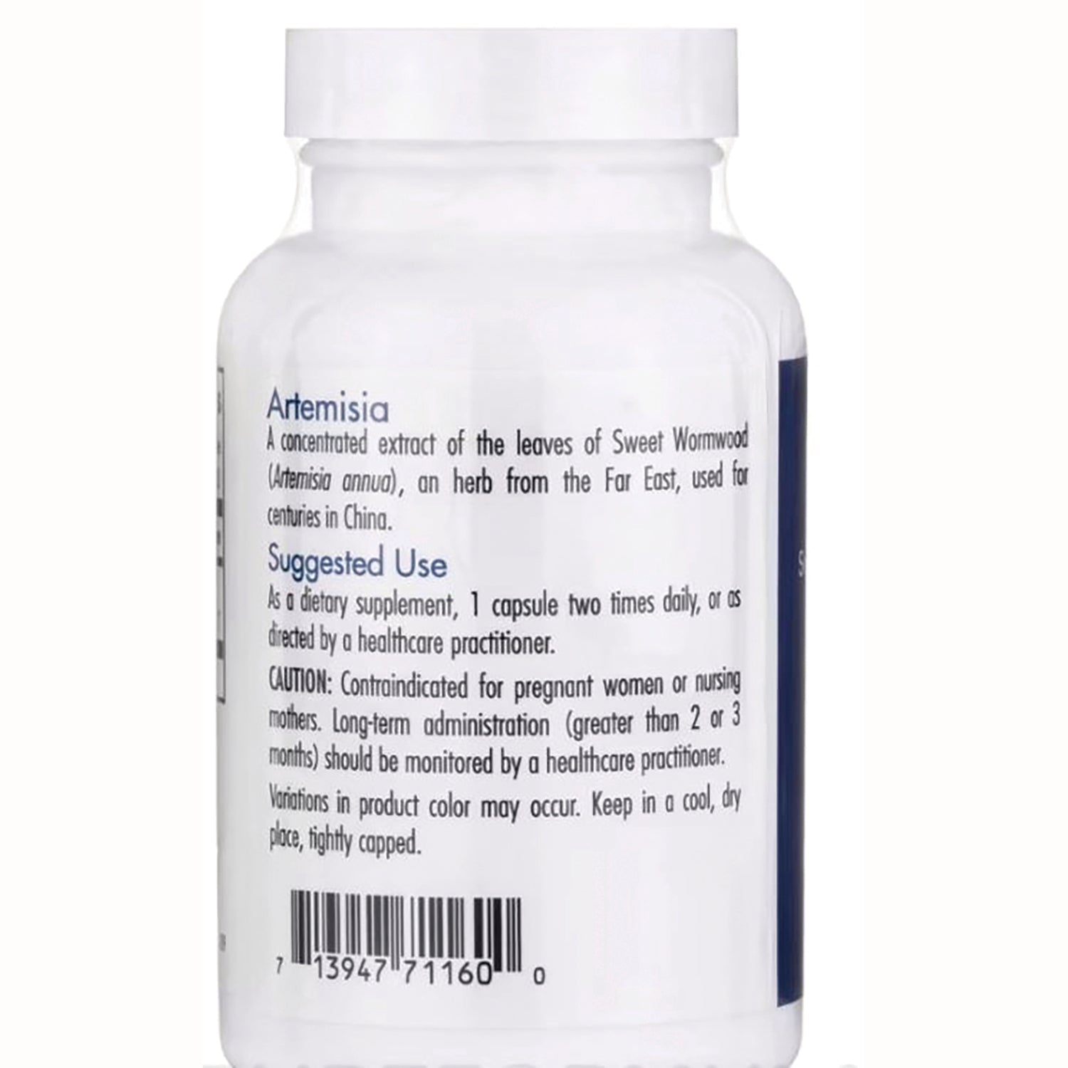 ARG041 | Back label of white supplement bottle showing Artemisia description, suggested use, caution text, and barcode