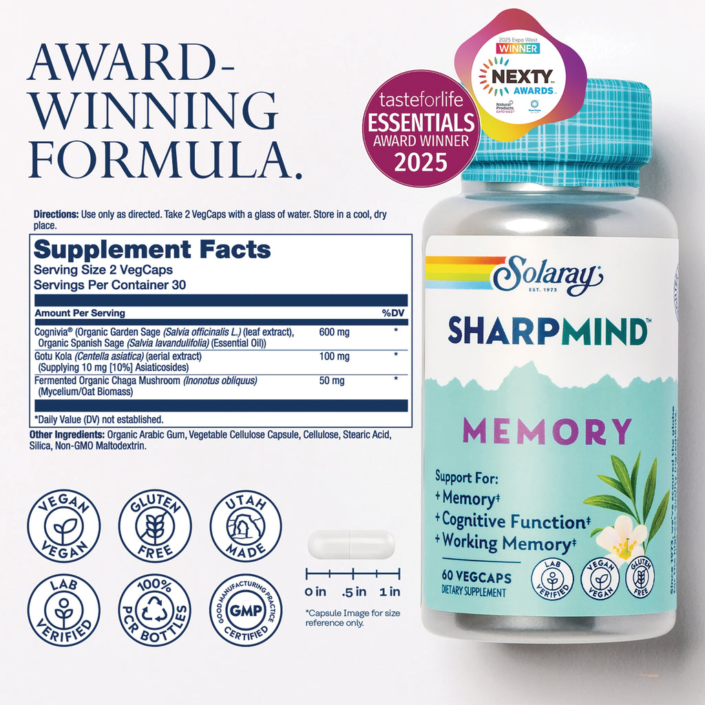 SLR526 | Solaray Sharpmind Memory back label with Supplement Facts, directions, and award-winning formula badges - Thumbnail