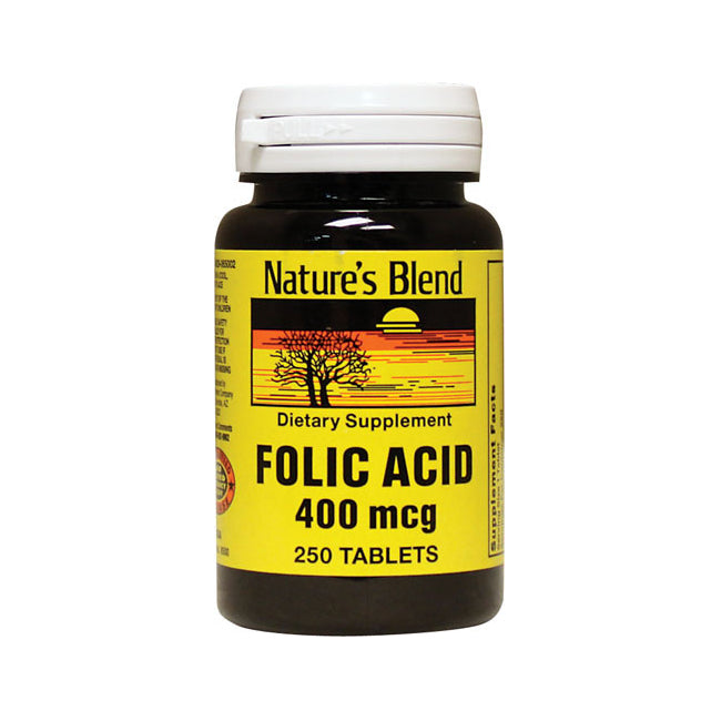 NAB014 | Nature's Blend folic acid 400 mcg bottle, 250 tablets dietary supplement