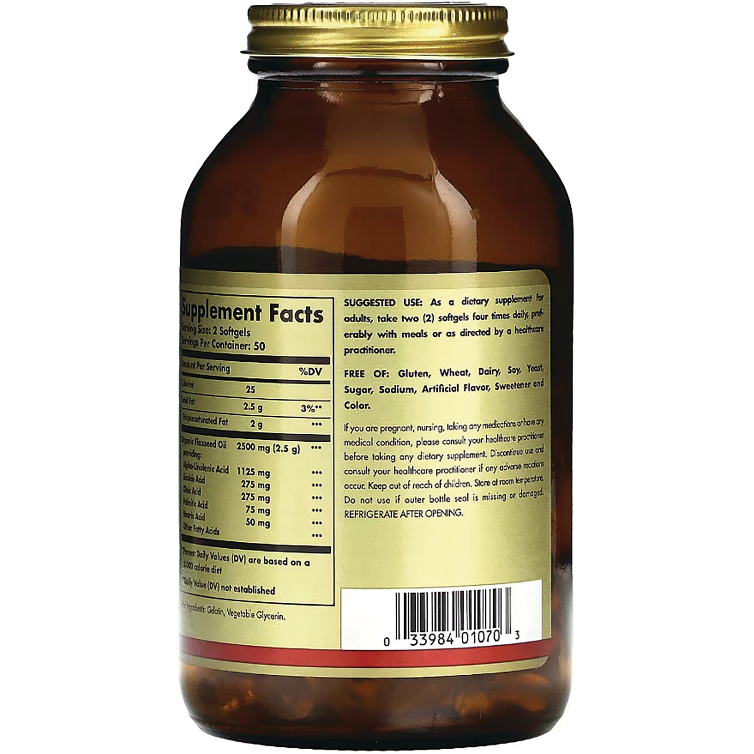 SLG279 | Back of amber supplement bottle showing supplement facts panel and barcode