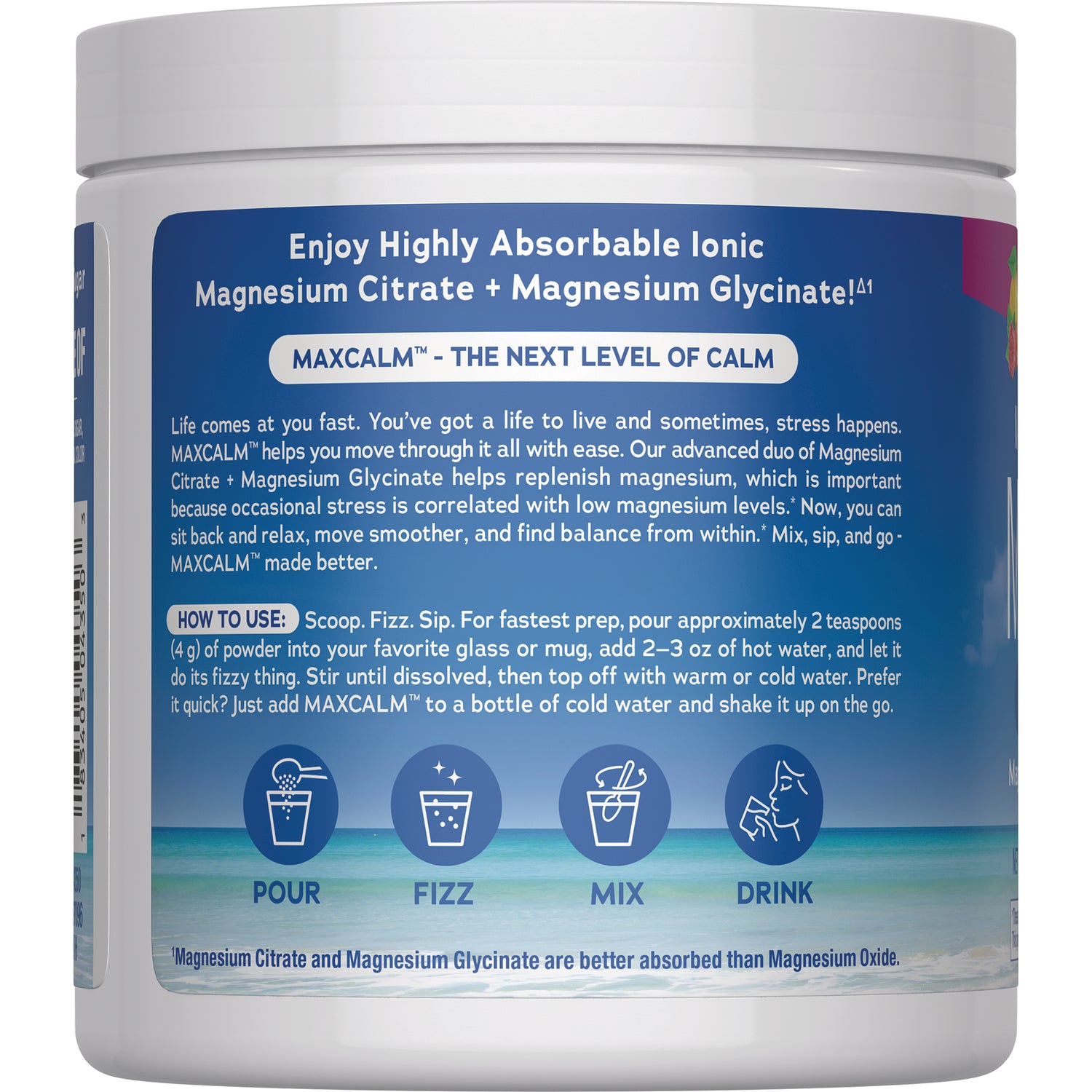 NVT051 | Back label of white supplement jar showing directions, recommended use and FDA disclaimer on blue panel