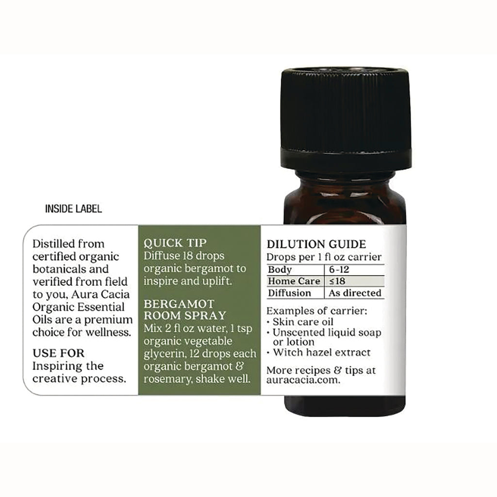 ARC020 | Back label of amber essential oil bottle showing dilution guide, usage tips and bergamot room spray recipe - Thumbnail