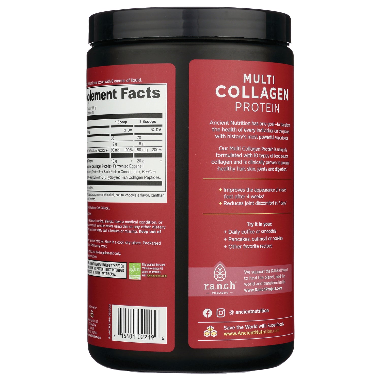 ATN026 | Back label of Multi Collagen Protein container showing Supplement Facts, usage instructions and barcode