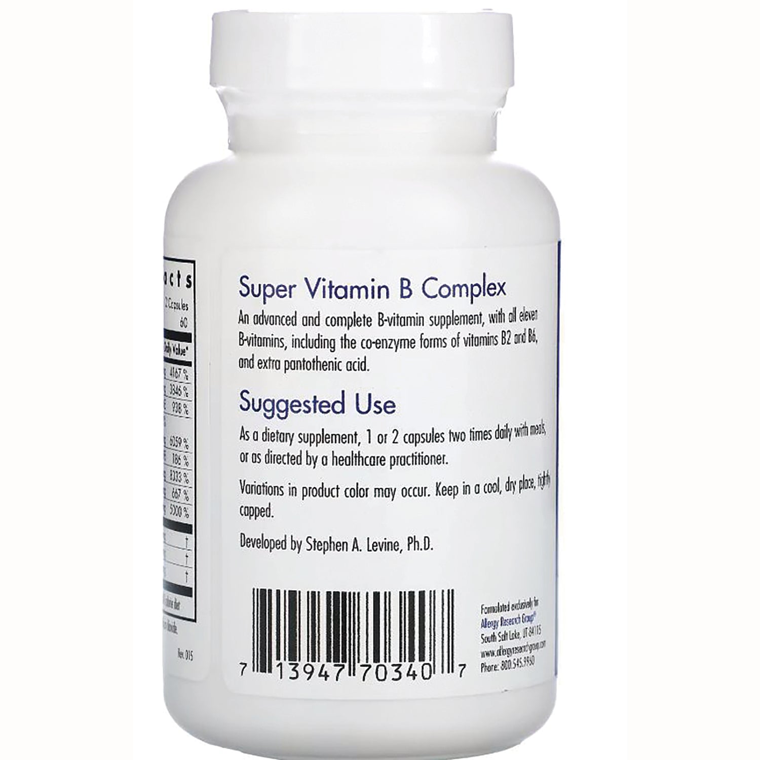 ARG036 | Back label of Super Vitamin B Complex bottle showing Suggested Use instructions and barcode