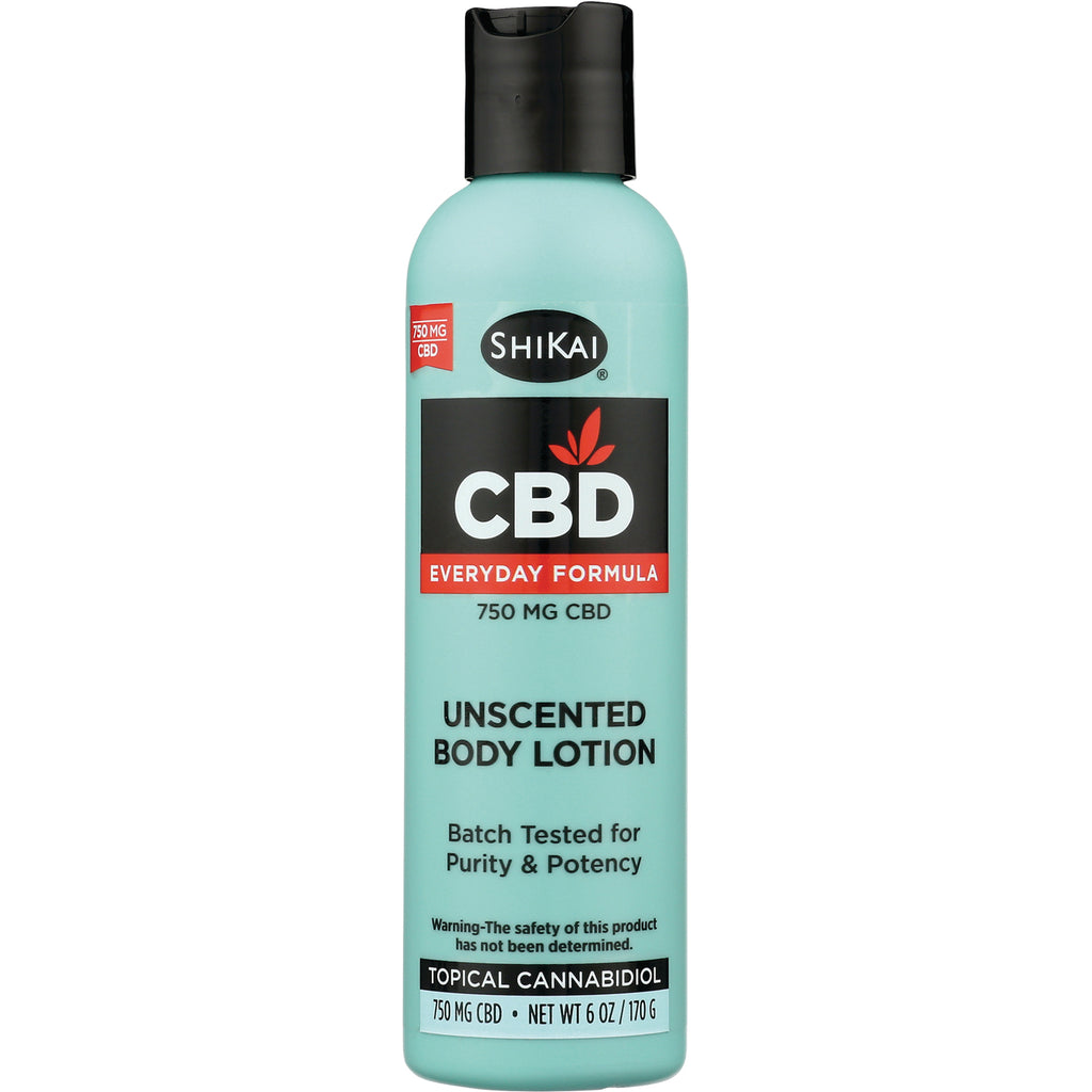 SHK058 | teal bottle of SHIKAI unscented CBD body lotion labeled 750 MG CBD, 6 oz - Thumbnail