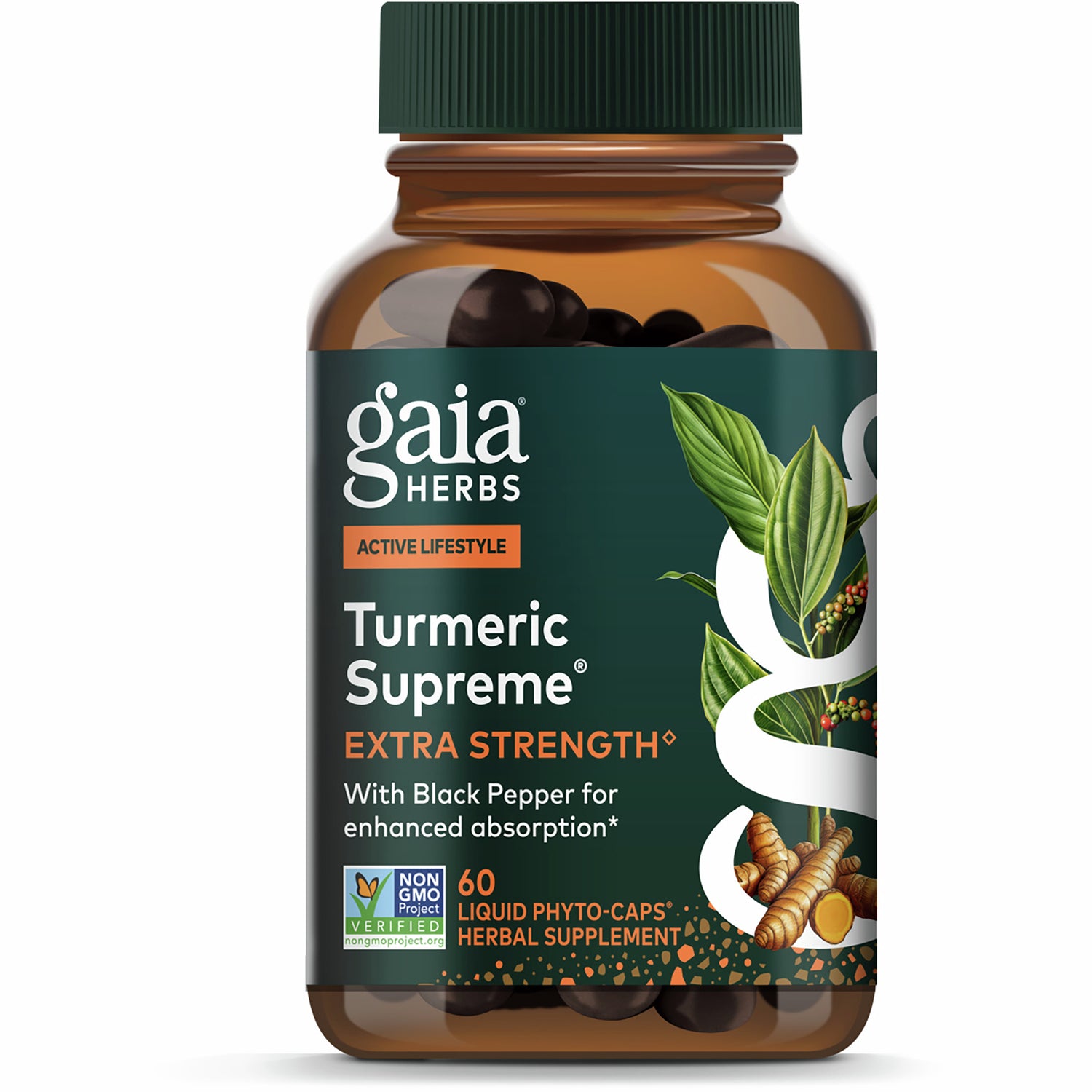 GH033 | Gaia Herbs Turmeric Supreme Extra Strength front packaging 60 vegan liquid phyto-caps herbal supplement