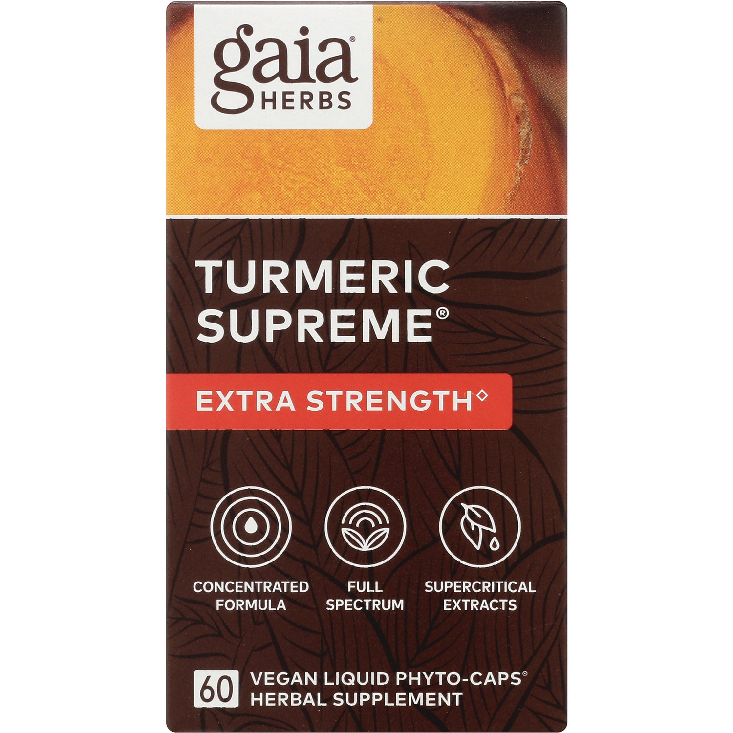 GH033 | Gaia Herbs Turmeric Supreme Extra Strength front packaging 60 vegan liquid phyto-caps herbal supplement