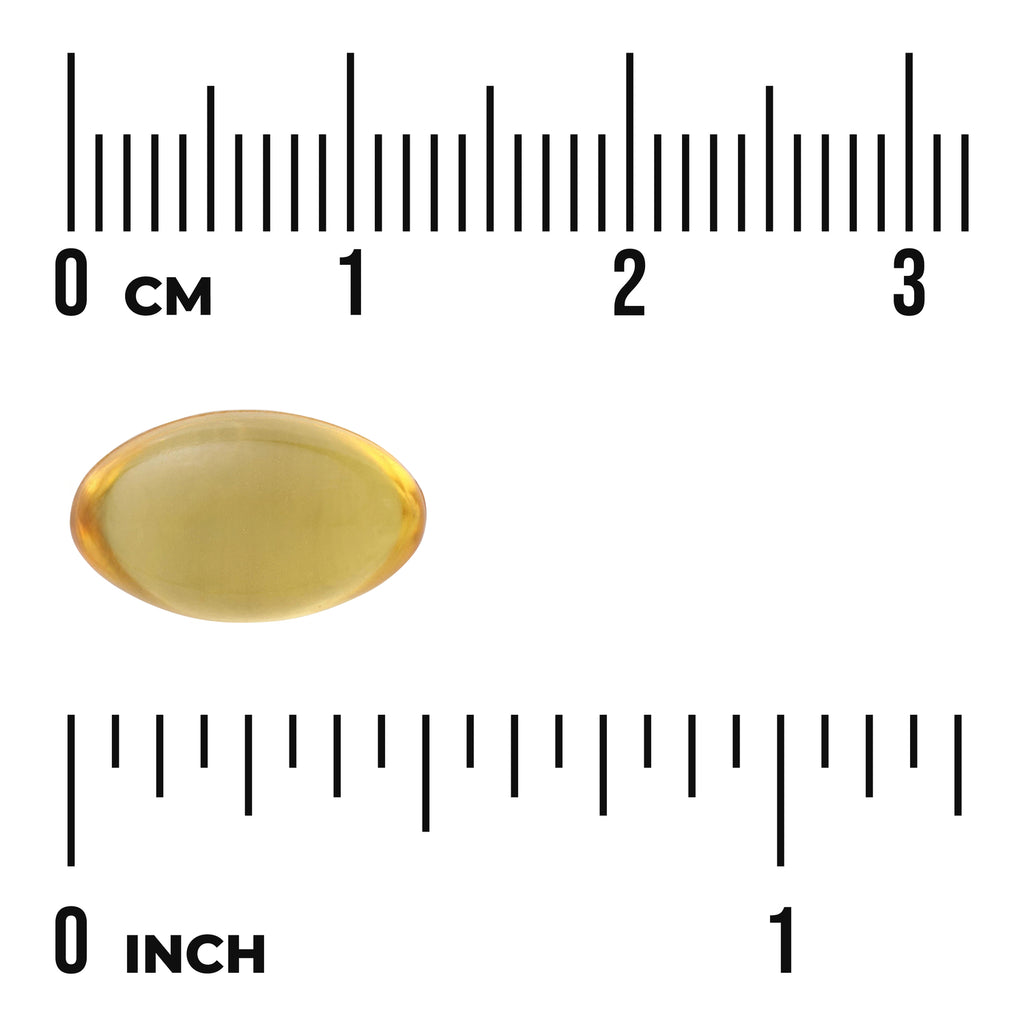 SW148 | Gold softgel capsule beside metric and inch rulers showing size, visible text "0 cm" and "0 inch" - Thumbnail