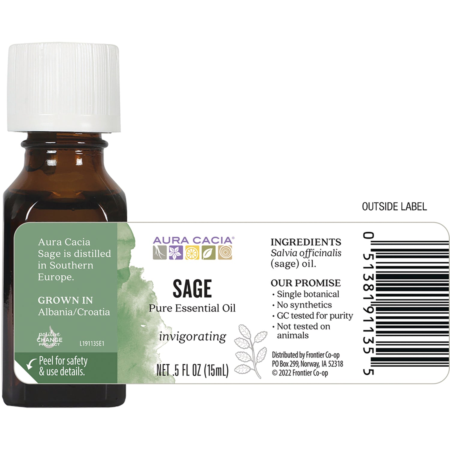 ARC039 | Back label of sage essential oil bottle showing ingredients, barcode, and grown in Albania/Croatia