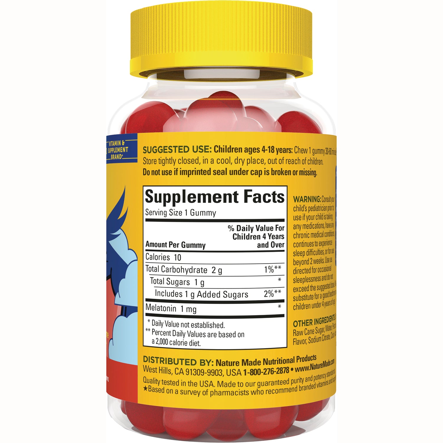NTM165 | back label with Supplement Facts listing melatonin 1 mg per gummy, suggested use and warnings