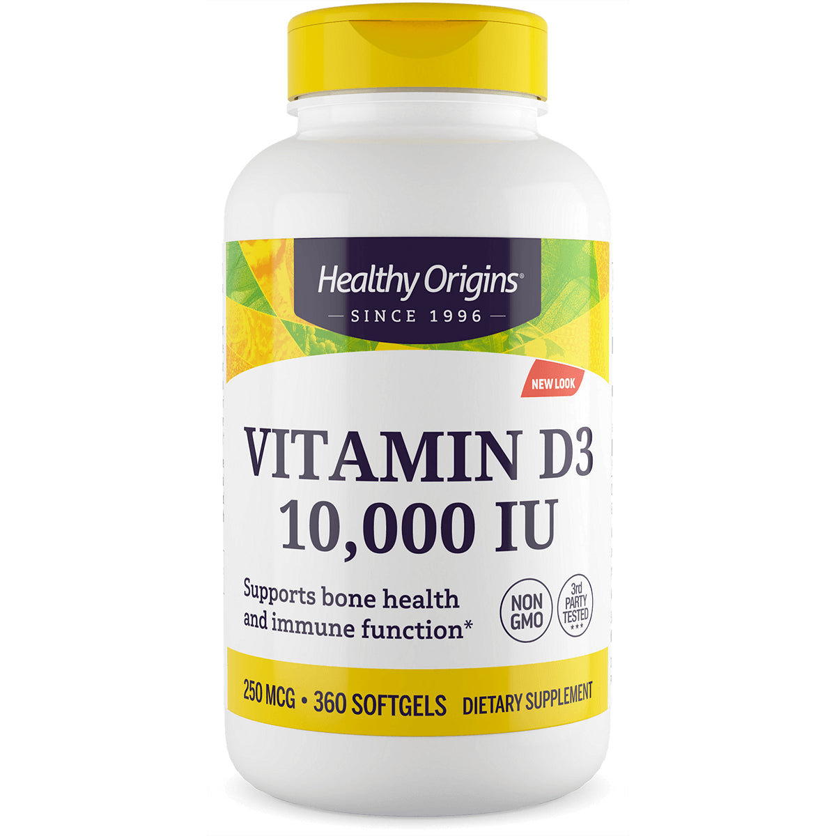 HRG021 | Healthy Origins VITAMIN D3 10,000 IU bottle, 360 softgels, front label shows supports bone health and immune function