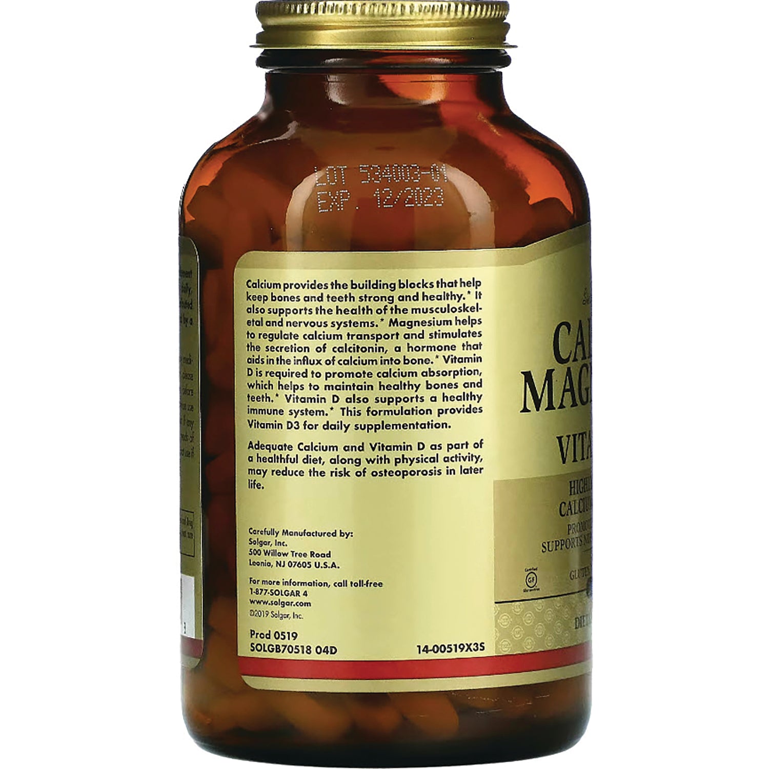 SLG267 | back label of amber supplement bottle showing product description, manufacturer info, lot and EXP 12/2023