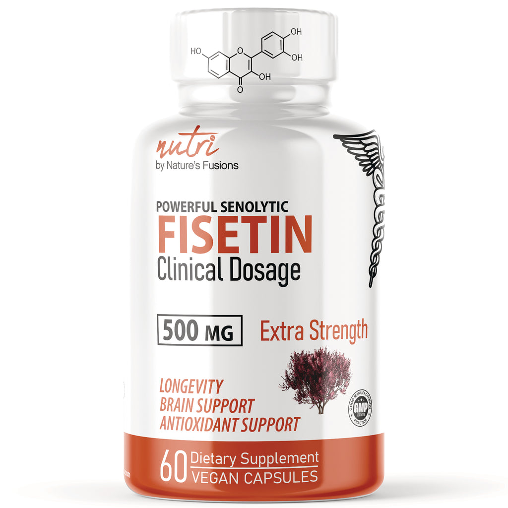 NFU003 | White supplement bottle labeled FISETIN Clinical Dosage 500 MG Extra Strength 60 vegan capsules - Thumbnail